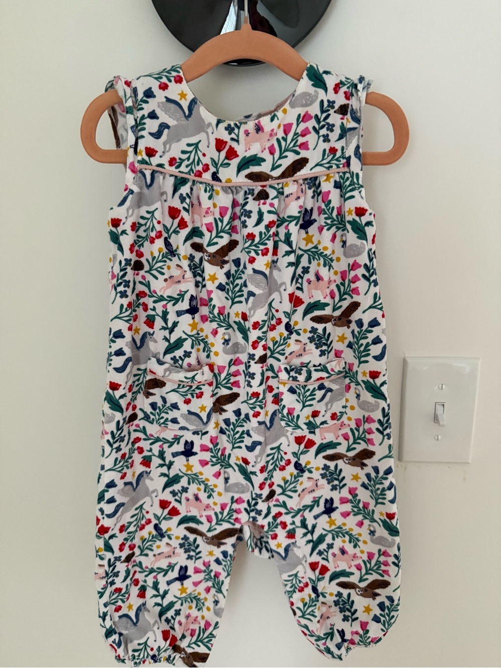 Girls White Corduroy Floral & Animal Print Sleeveless Romper